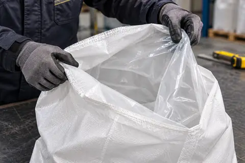 Handen tonen de transparante binnenliner en het witte PP-weefsel (met AI bewerkte afbeelding)