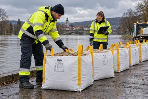Hulpverleners maken gevulde compacte big bags klaar als beschermende barrière (met AI bewerkte afbeelding)