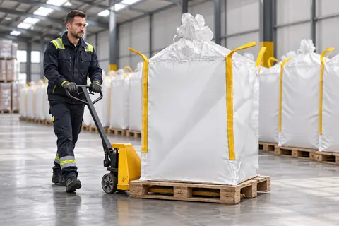 En palleløfter flytter en big bag gennem et tørt lager (AI-redigeret billede)