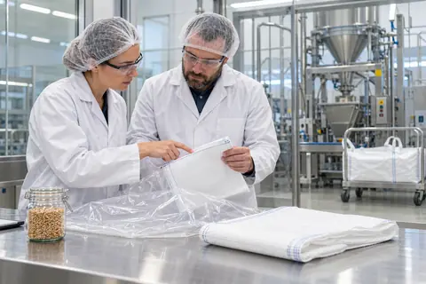 Specialisten plannen een klantspecifieke verpakking voor een hygiënische vulinstallatie (met AI bewerkte afbeelding)