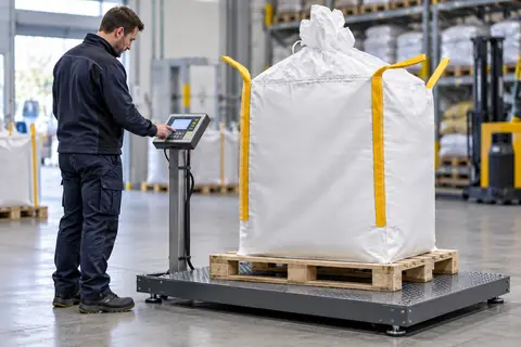 Een big bag staat op een weegschaal; de medewerker controleert de weergave (met AI bewerkte afbeelding)