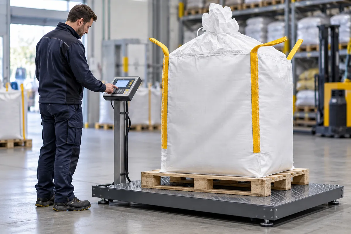Een big bag staat op een weegschaal; de medewerker controleert de weergave (met AI bewerkte afbeelding)