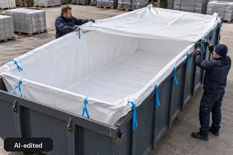 Container bag BB650, 650 × 240 × 115 cm, in use (AI-edited image)