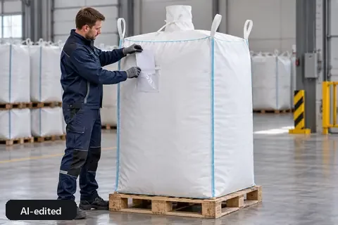 Special big bag BBS001, 99 × 99 × 200 cm, in use (AI-edited image)