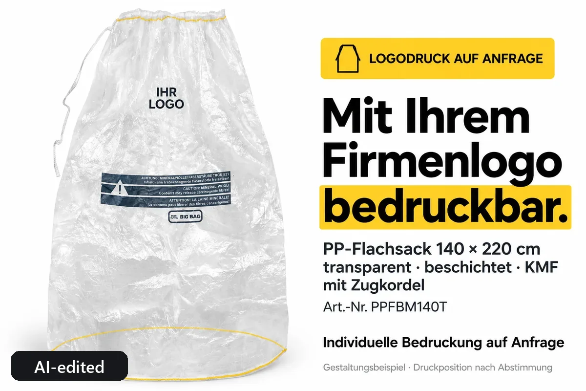 PP flat bag PPFBM140T printed with a company logo, AI-edited design example