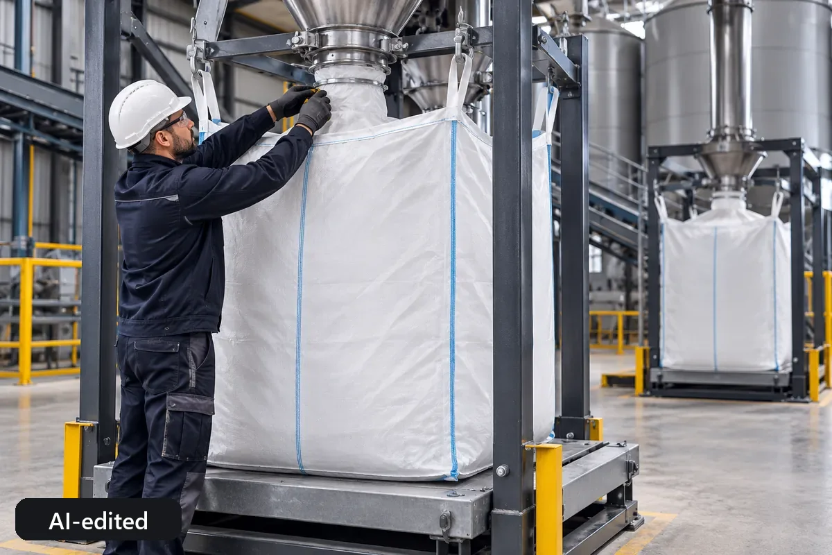 Special big bags being prepared for filling in a building materials plant (AI-edited image)