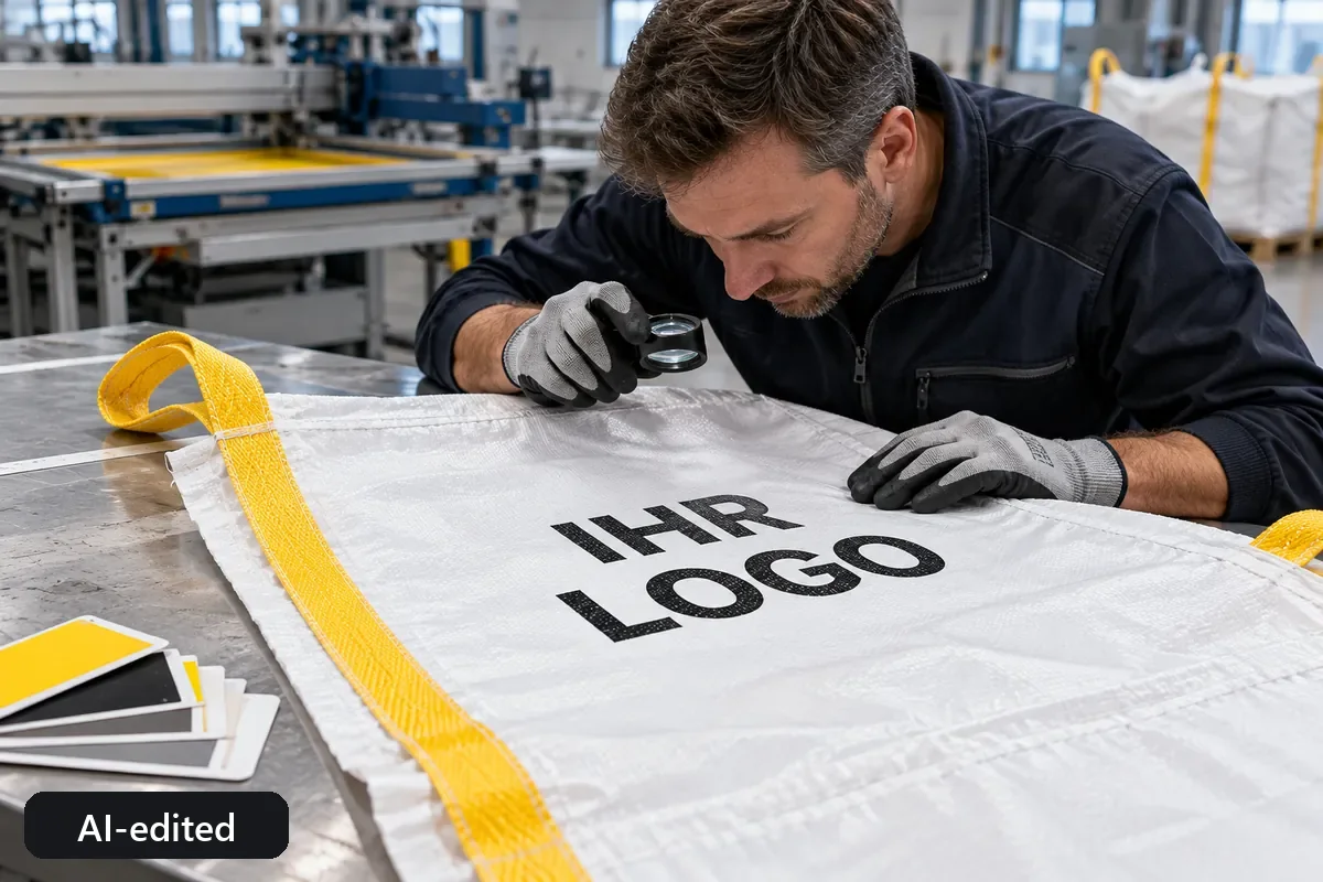 An employee checking a test print on PP fabric (AI-edited image)
