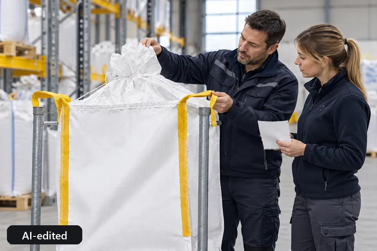 Two specialists discussing the right bag in a sample area (AI-edited image)