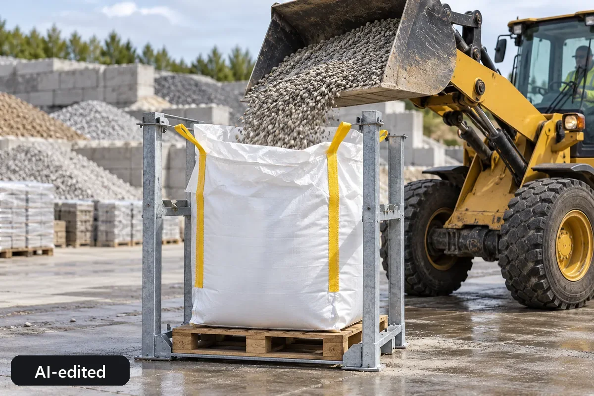 Controlled filling of a big bag with mineral bulk material (AI-edited image)