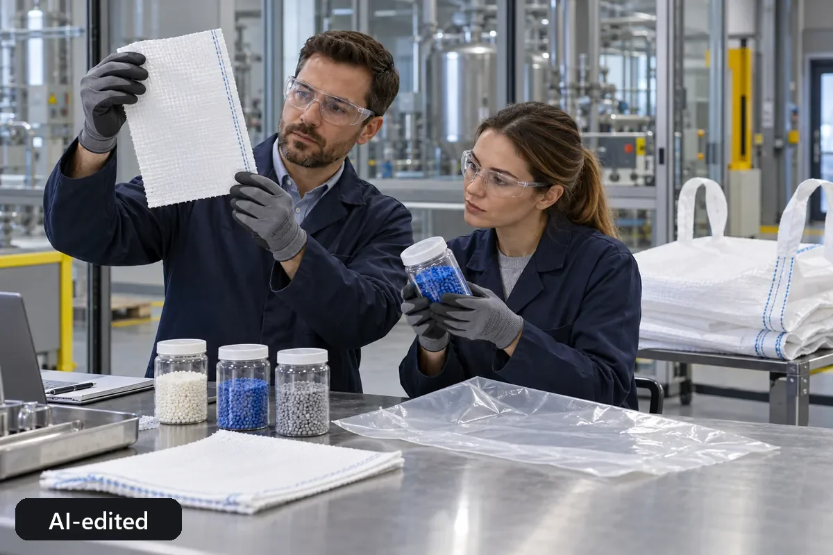 Two specialists examining fabric and liner samples for an industrial process (AI-edited image)