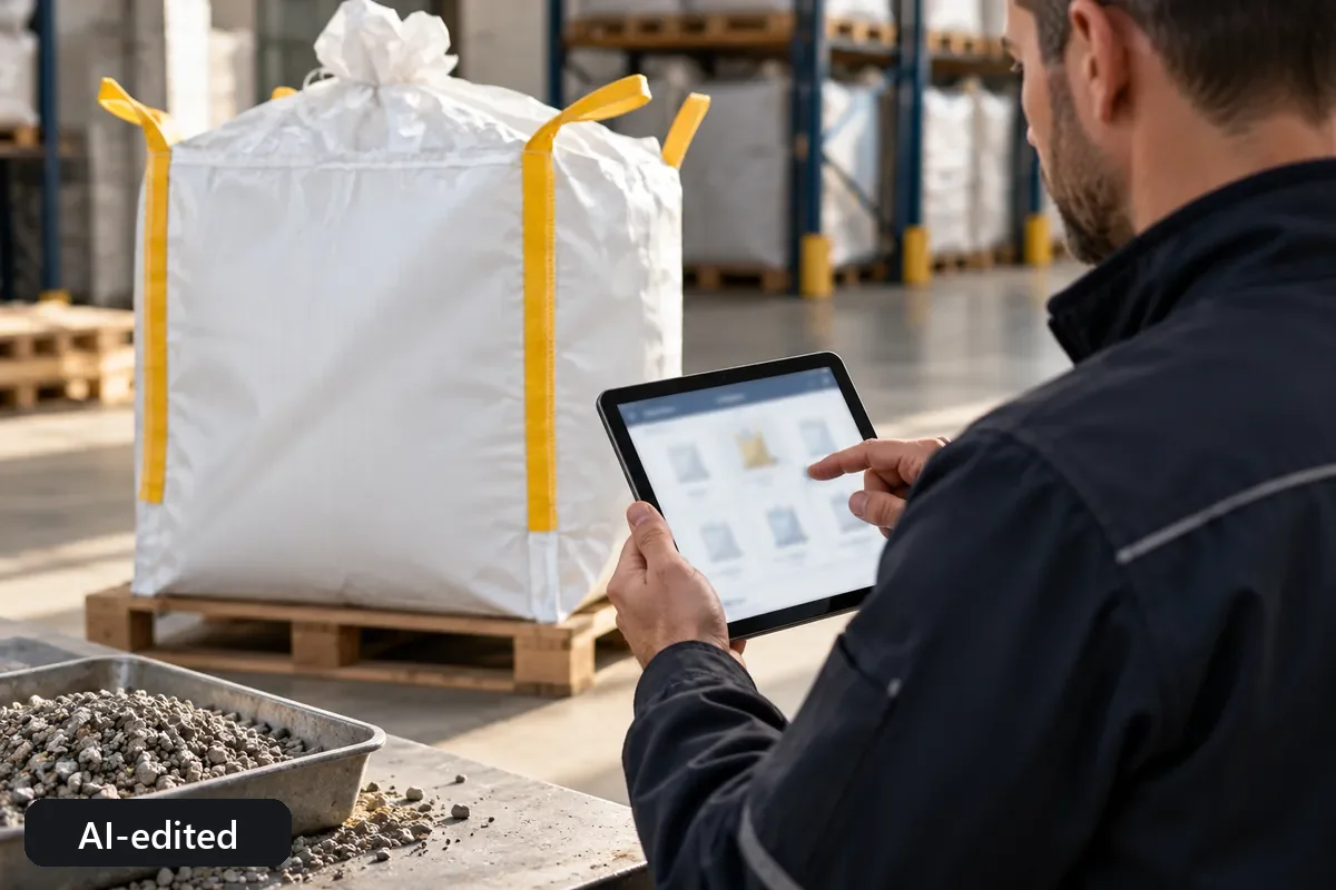 Employee using a tablet to select a product next to a bag (AI-edited image)