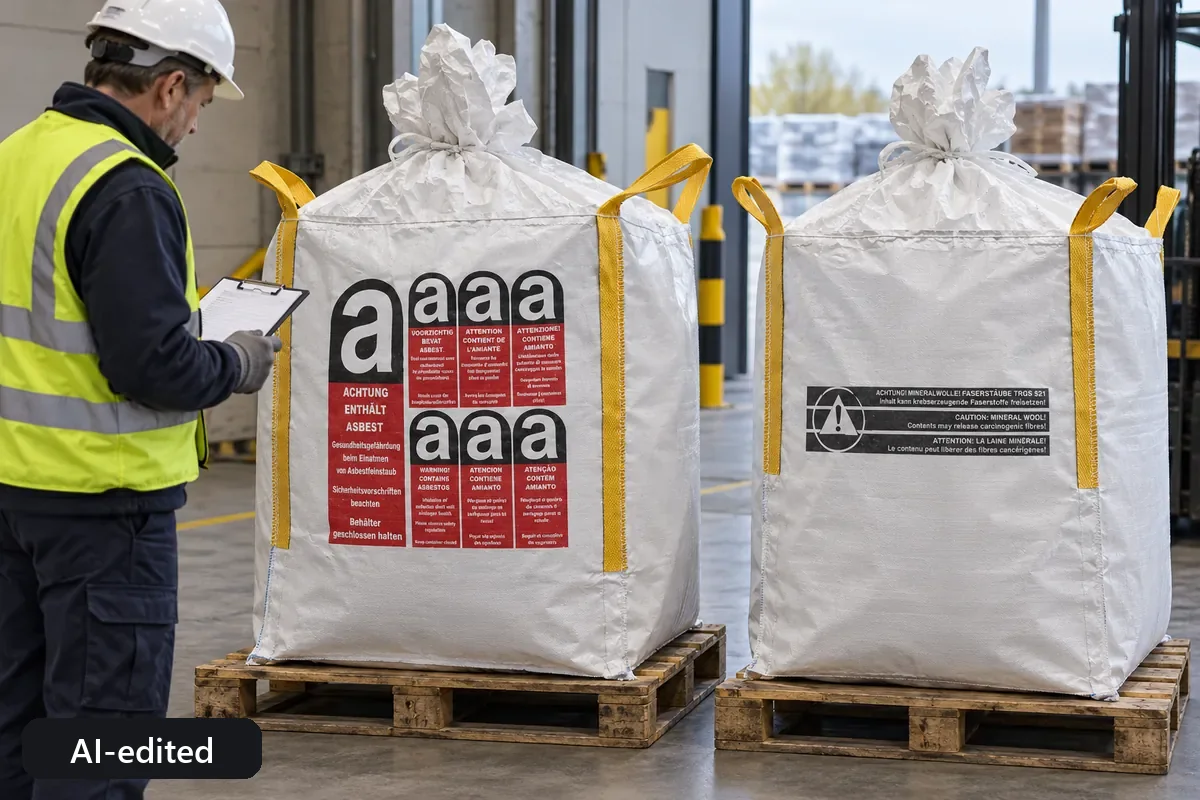 Labelled asbestos and mineral wool bags being checked from the outside (AI-edited image)