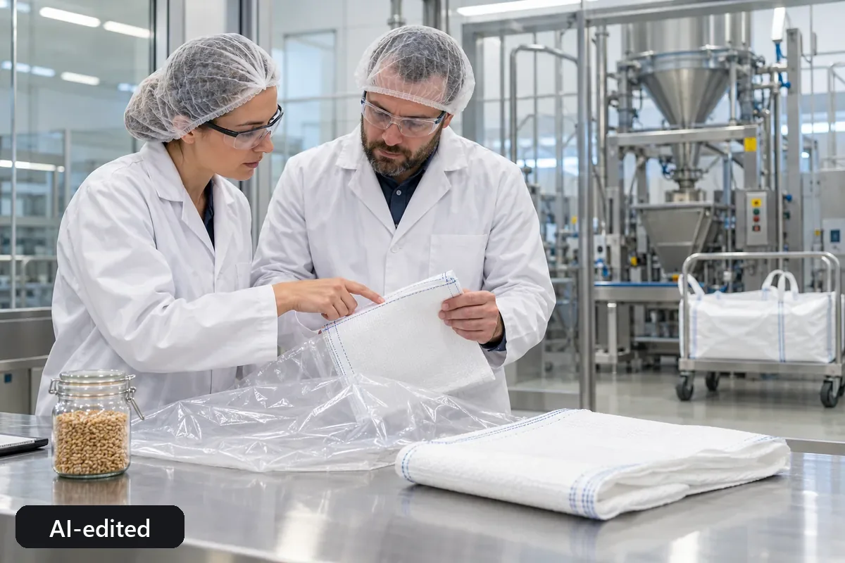 Specialists planning customer-specific packaging for a hygienic filling line (AI-edited image)