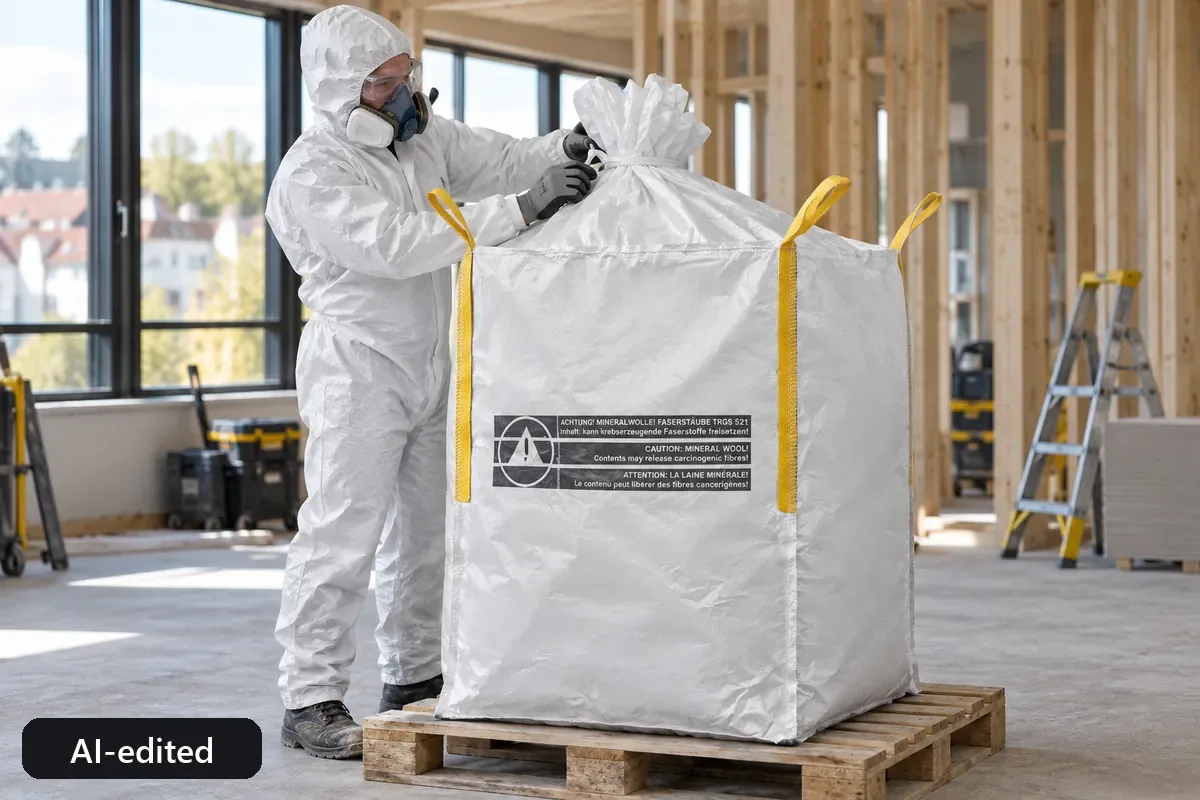 A closed mineral wool big bag being checked in a dismantling zone (AI-edited image)