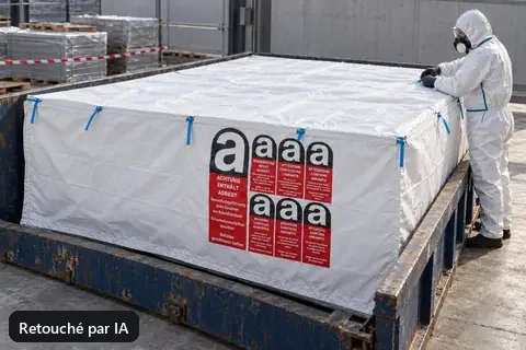 Big bag pour benne BBA620, 620 × 240 × 115 cm, en utilisation (image retouchée par IA)