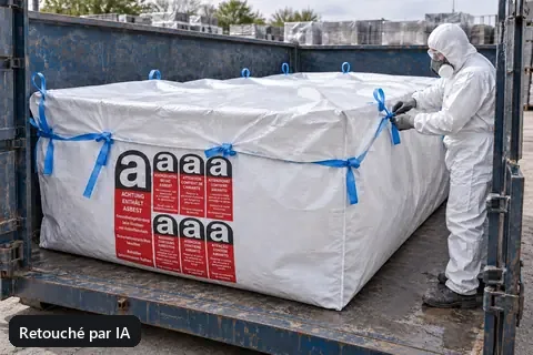 Big bag pour benne BBA620PE, 620 × 240 × 115 cm, en utilisation (image retouchée par IA)