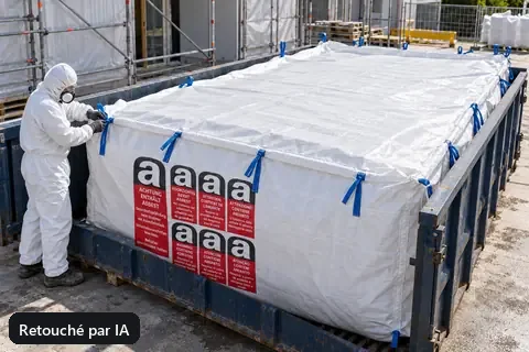 Big bag pour benne BBA650, 650 × 240 × 115 cm, en utilisation (image retouchée par IA)