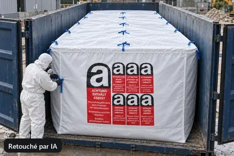 Big bag pour benne BBA651, 650 × 240 × 240 cm, en utilisation (image retouchée par IA)
