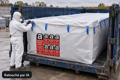 Big bag pour benne BBA700, 700 × 240 × 240 cm, en utilisation (image retouchée par IA)