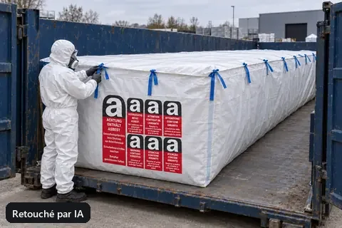 Big bag pour benne BBA750, 750 × 240 × 240 cm, en utilisation (image retouchée par IA)