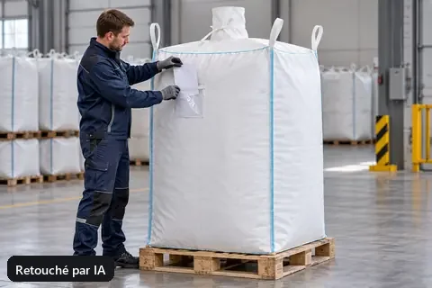 Big bag spécial BBS001, 99 × 99 × 200 cm, en utilisation (image retouchée par IA)