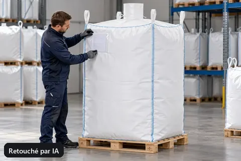 Big bag spécial BBS004, 100 × 100 × 200 cm, en utilisation (image retouchée par IA)
