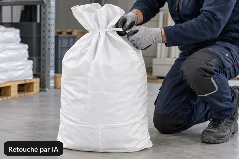 Sac plat PP PPFB60PE, 60 × 100 cm, en utilisation (image retouchée par IA)