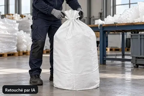 Sac plat PP PPFB80PE, 80 × 130 cm, en utilisation (image retouchée par IA)