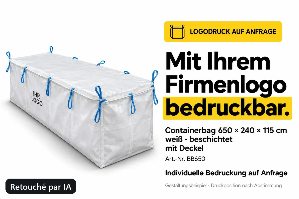 Big bag pour benne BB650 imprimé avec un logo d’entreprise, exemple de composition retouché par IA