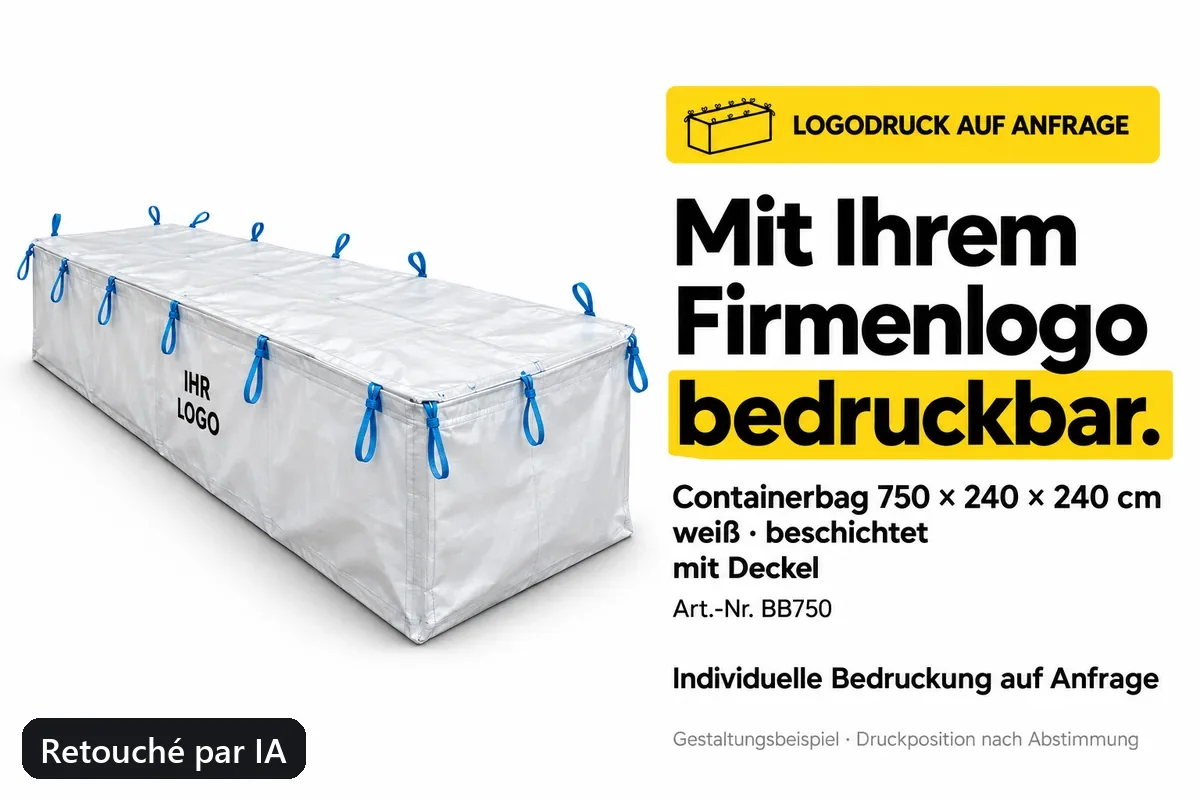 Big bag pour benne BB750 imprimé avec un logo d’entreprise, exemple de composition retouché par IA