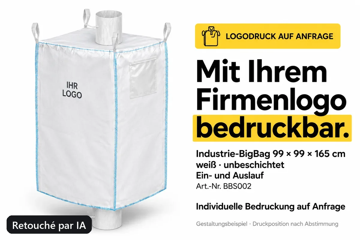 Big bag spécial BBS002 imprimé avec un logo d’entreprise, exemple de composition retouché par IA