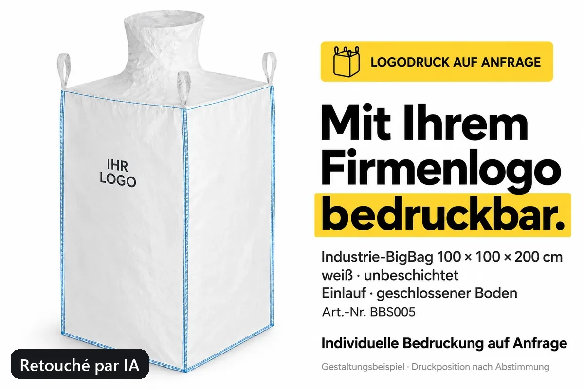 Big bag spécial BBS005 imprimé avec un logo d’entreprise, exemple de composition retouché par IA