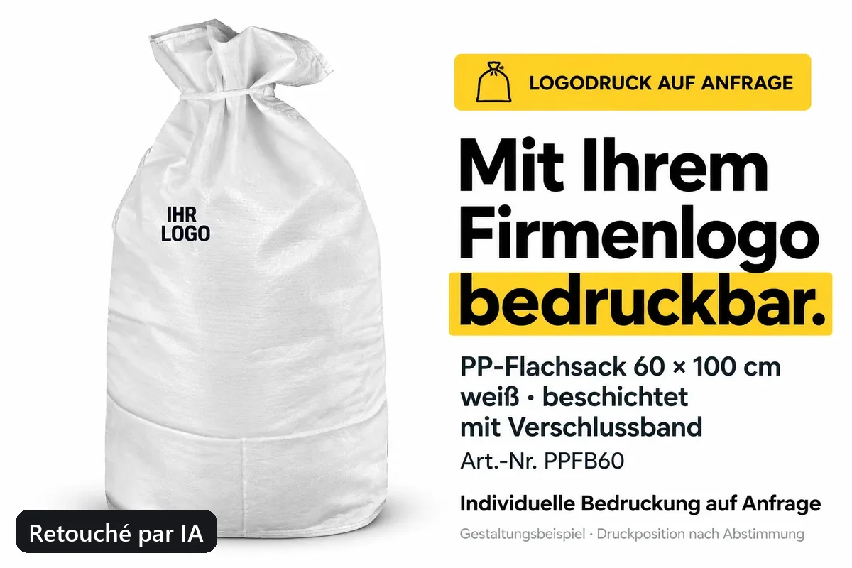 Sac plat PP PPFB60 imprimé avec un logo d’entreprise, exemple de composition retouché par IA