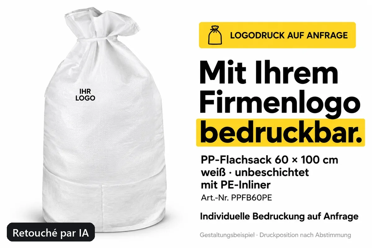 Sac plat PP PPFB60PE imprimé avec un logo d’entreprise, exemple de composition retouché par IA