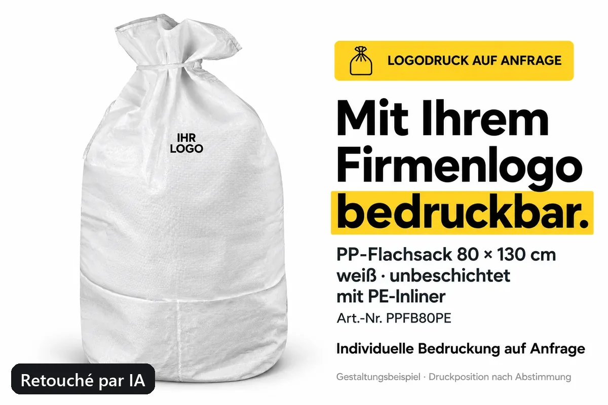 Sac plat PP PPFB80PE imprimé avec un logo d’entreprise, exemple de composition retouché par IA