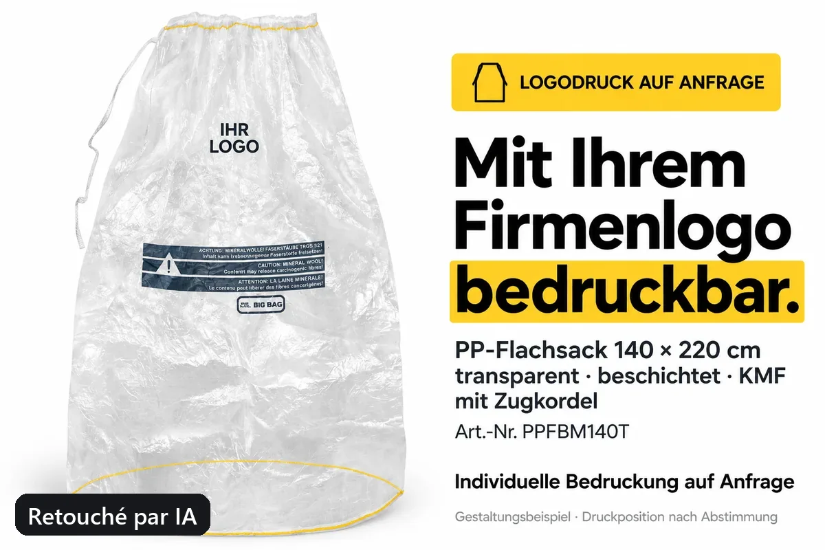 Sac plat PP PPFBM140T imprimé avec un logo d’entreprise, exemple de composition retouché par IA