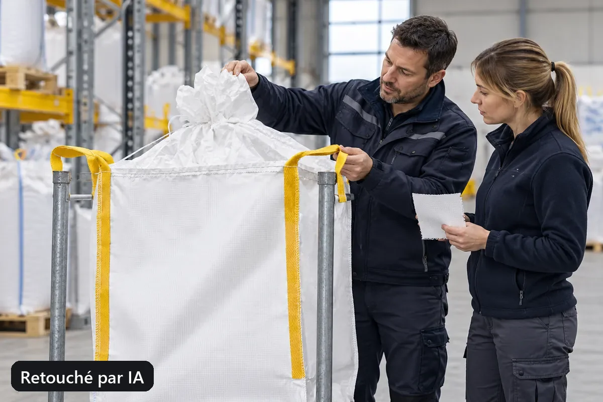 Deux spécialistes discutent du big bag adapté dans l’espace échantillons (image retouchée par IA)