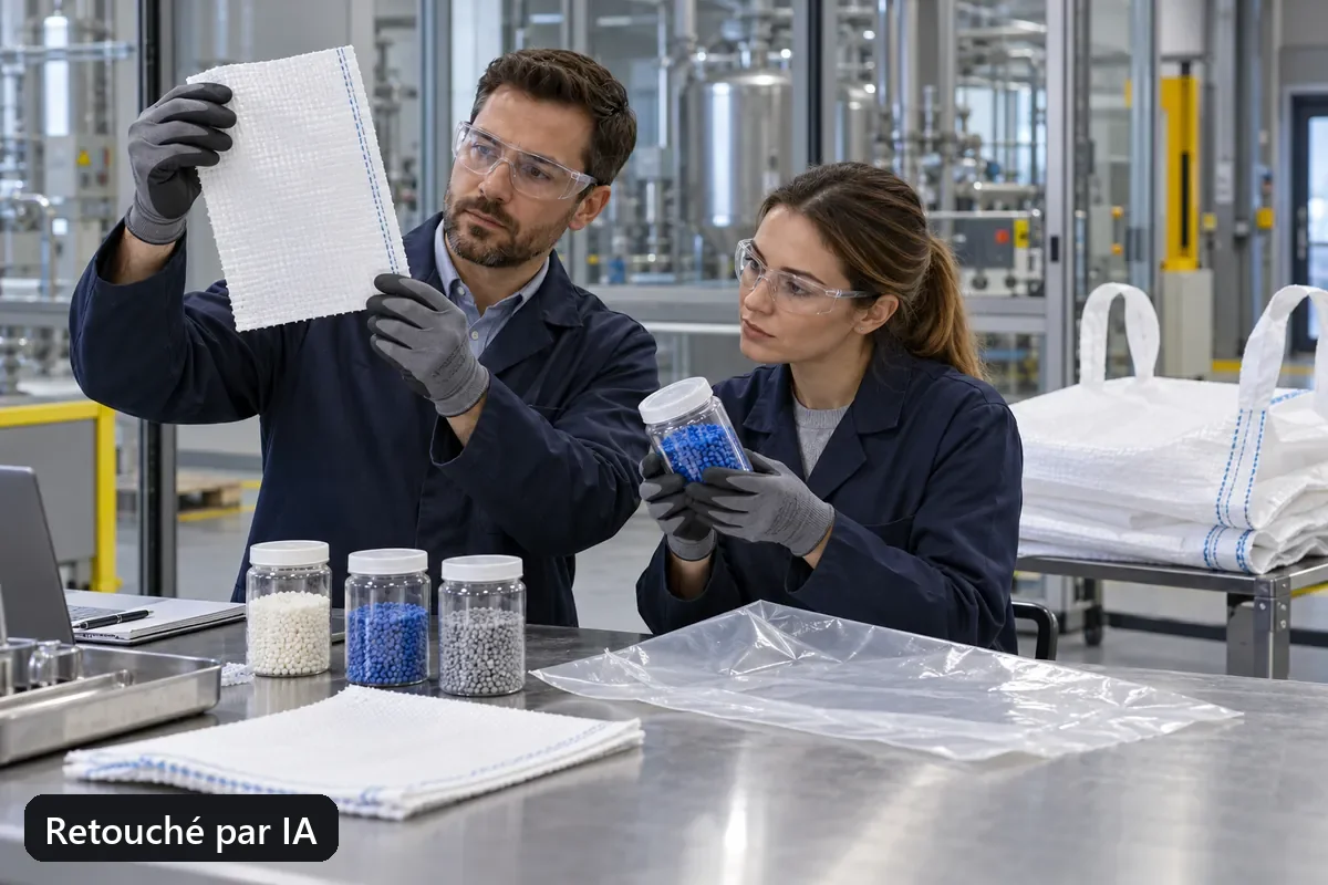 Deux spécialistes examinent des échantillons de tissu et de liner pour un procédé industriel (image retouchée par IA)