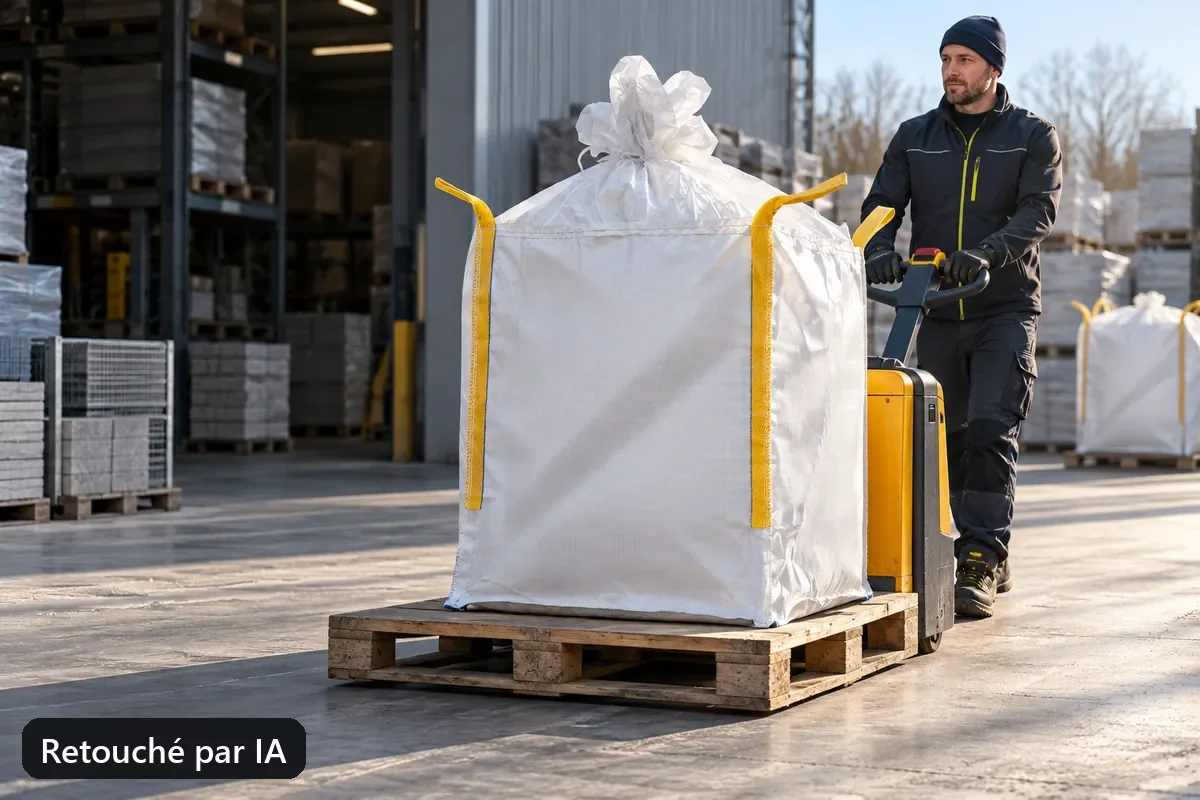 Un big bag rempli est déplacé sur une palette dans une cour de négoce de matériaux (image retouchée par IA)