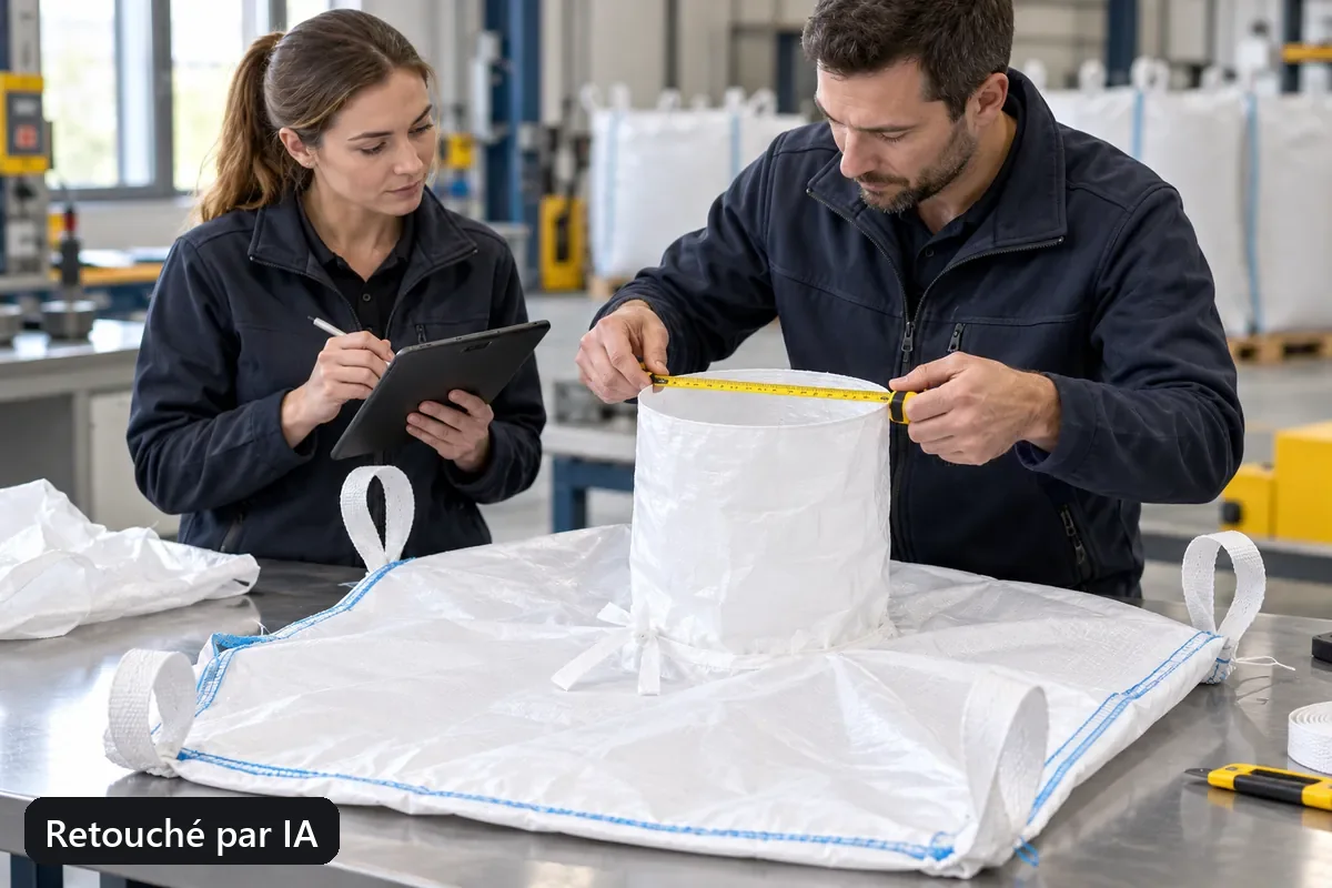Technicien mesurant une goulotte de remplissage sur un big bag échantillon vide (image retouchée par IA)