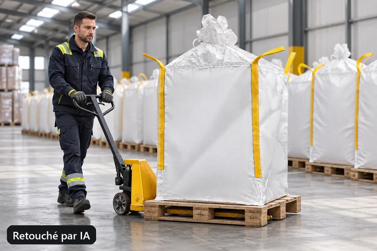 Un transpalette déplace un big bag dans un entrepôt sec (image retouchée par IA)
