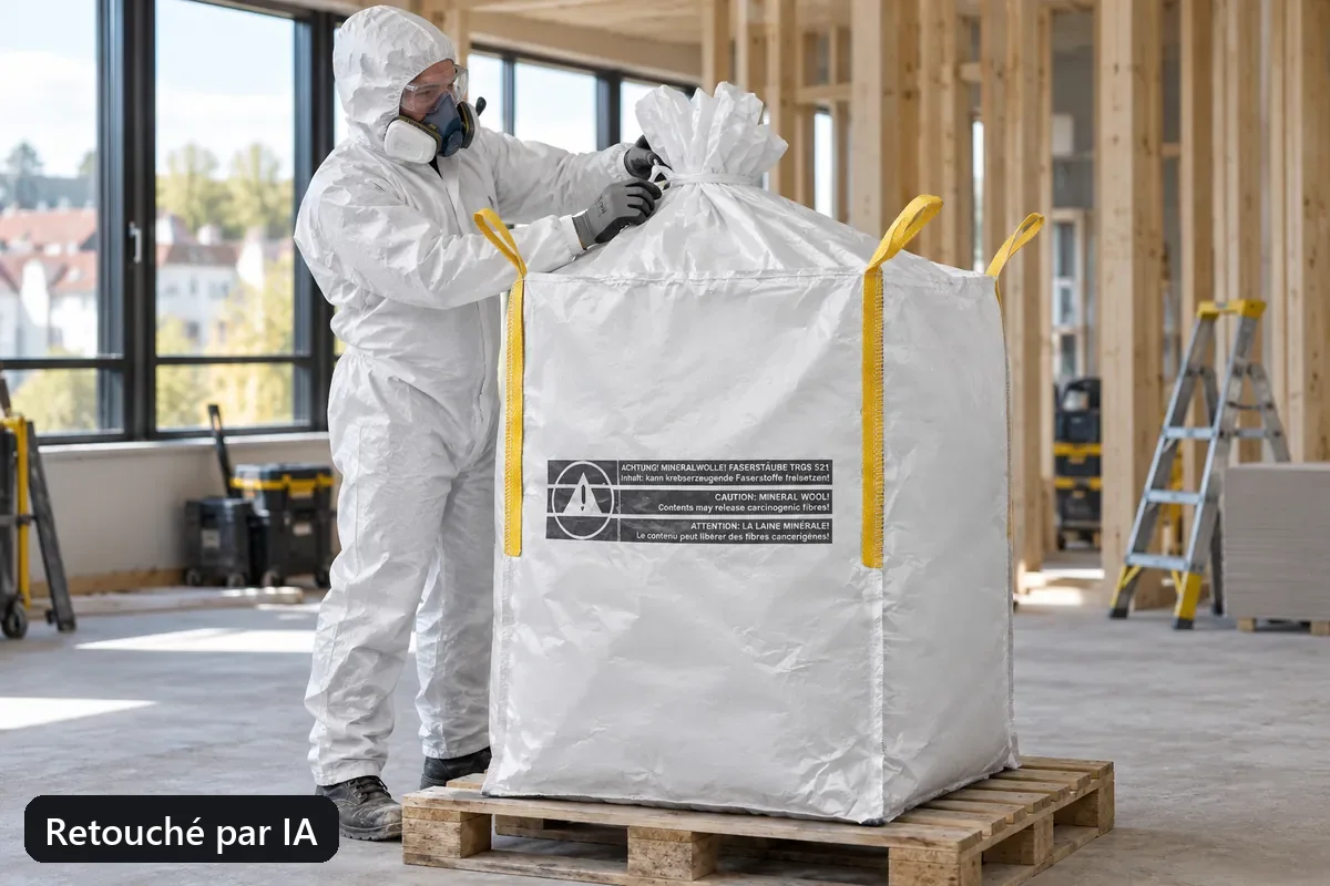 Un big bag laine minérale fermé est contrôlé dans une zone de déconstruction (image retouchée par IA)