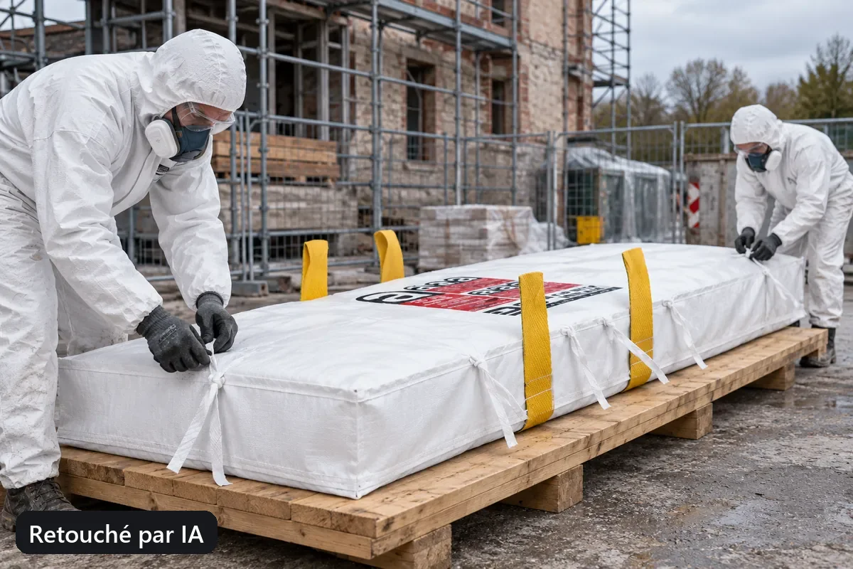 Deux professionnels ferment un sac pour plaques long et plat (image retouchée par IA)