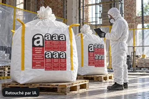 Des big bags fermés et marqués sont contrôlés sur le chantier de désamiantage (image retouchée par IA)