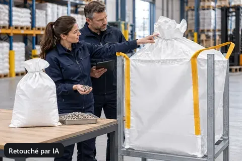 Un conseiller technique compare un big bag, un sac et un échantillon de matière (image retouchée par IA)
