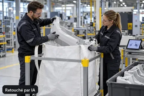 Des spécialistes examinent un échantillon d’emballage pour des pièces techniques légères (image retouchée par IA)