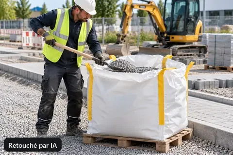 Ouvrier prélevant du gravier dans un big bag posé au sol (image retouchée par IA)