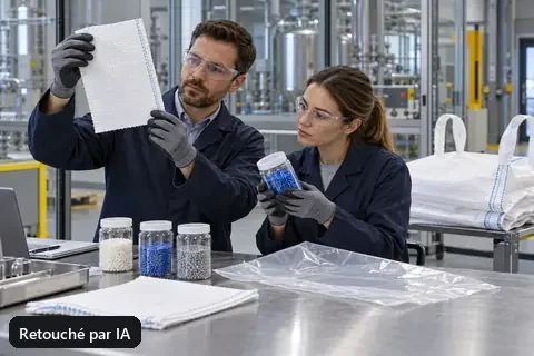 Deux spécialistes examinent des échantillons de tissu et de liner pour un procédé industriel (image retouchée par IA)