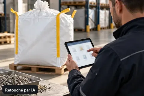Employé utilisant une tablette pour choisir un produit à côté d’un big bag (image retouchée par IA)