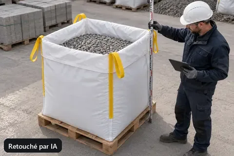 Un employé mesure la hauteur de remplissage d’un big bag posé au sol (image retouchée par IA)